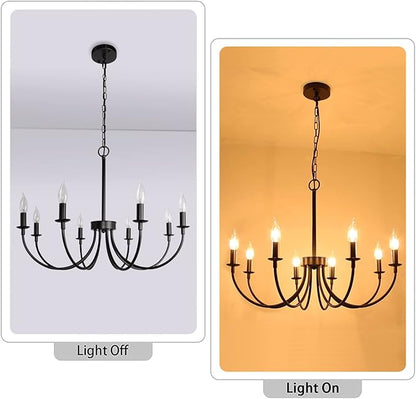 Black Farmhouse Chandeliers, 8 Light Rustic Iron Chandeliers, Classic Candle Ceiling Hanging Pendant Light Fixture for Living Room, Kitchen Island, Foyer, Dining Room Lighting Fixtures