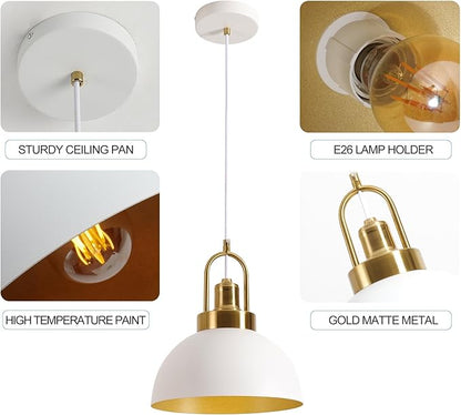Vintage Pendant Light White and Gold Pendant Light with 9.84 Inch Round Dome, Brass Socket, and 78.74 Inch Cord - Perfect for Kitchen Island, Dining Room, Hallway