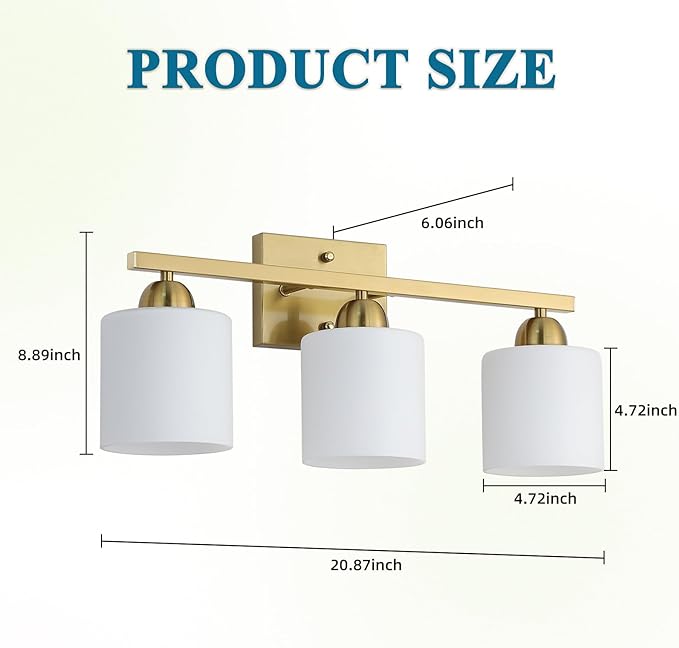 Mecgirn Stainless Steel Milk Glass Vanity Lights for Bathroom, 3 Light Gold Bathroom Light Fixtures Over Mirror, Ceramic E26 Sockets Wall Mounted