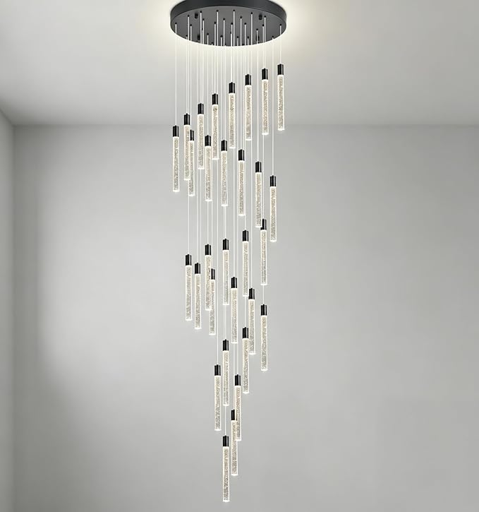 30-Lights Bubble Chandelier for Entryway High Ceiling-196 Height Adjustable Crystal Chandelier,3 Color Temperature Dimmable LED Pendant Light Fixture for Foyer Living Room Staircase,Matte Black