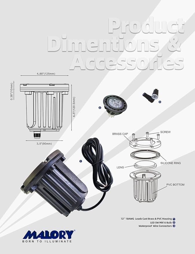 MALORY Low Voltage Landscape Lights, (φ125 mm) Brass Top Cover 12V Outdoor In Ground Lights, LED Well Lighting for Pathway, Driveway, Deck Step and Garden 1 Pack with MR16 Bulb (Flat Top)