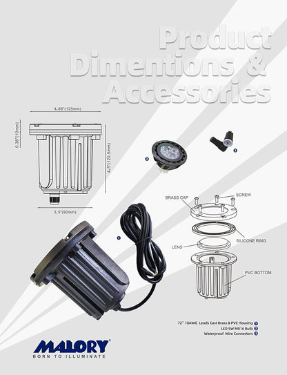MALORY Low Voltage Landscape Lights, (φ125 mm) Brass Top Cover 12V Outdoor In Ground Lights, LED Well Lighting for Pathway, Driveway, Deck Step and Garden 1 Pack with MR16 Bulb (Flat Top)