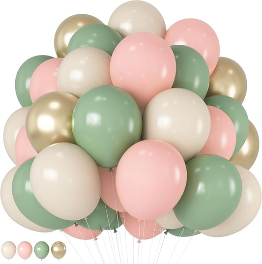 HILAVO Sage Green Pink Balloons 12 Inch Olive Green Pastel Pink Ivory Metallic Gold Latex Balloon for Boho Baby in Bloom Fairy Floral Wildflower Tea Safari Jungle Baby Shower Birthday Party Decoration