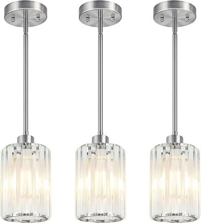 3 Pack Brushed Nickel Pendant Lights Kitchen Island, Modern Crystal Chandelier Kitchen Pendant Lighting Over Island, Adjustable Hanging Mini Light Fixtures for Dining Room Hallway Corridor Bedroom