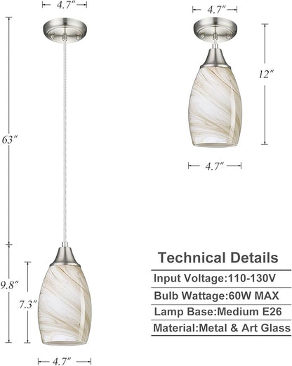 karyfine Mini Pendant Lights Kitchen Island Beige Marble Glass Lamp Shade Hand Blown Glass Pendant Light with Brush Nickel Finish Adjustable Cord for Kitchen Over Sink Hallway,Dining Room