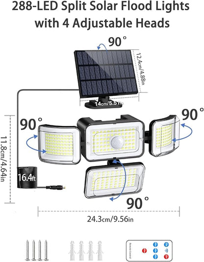 CLAONER Solar Outdoor Lights Motion Sensor 3500LM 288 LED Solar Security Lights with Remote Control IP67 Waterproof 4 Heads Flood Lights with 16.4ft Cable 4 Modes Wall Lights(4 Pack)