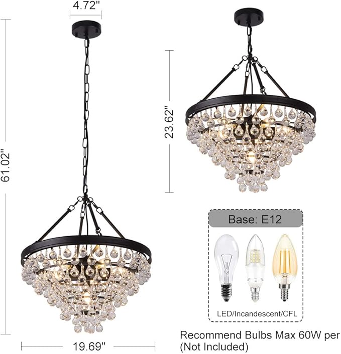 Wellmet Modern Crystal Chandeliers, 6 Lights Black Chandeliers for Dining Room, Farmhouse Ceiling Light Fixture for Foyer, Bedroom, Living Room, Entryway, Kitchen Island, 20”Dia