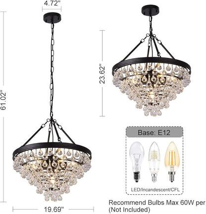 Wellmet Modern Crystal Chandeliers, 6 Lights Black Chandeliers for Dining Room, Farmhouse Ceiling Light Fixture for Foyer, Bedroom, Living Room, Entryway, Kitchen Island, 20”Dia