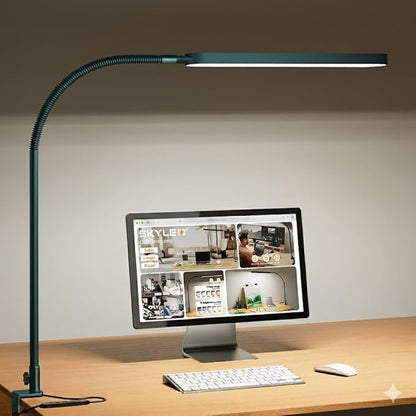 SKYLEO LED Desk Lamp - Desk Light for Home Office - Flexible Gooseneck - 5 Color Modes X 11 Brightness Levels - 1300LM - Timmer & Memory Function - 12W Clip on Light - Green