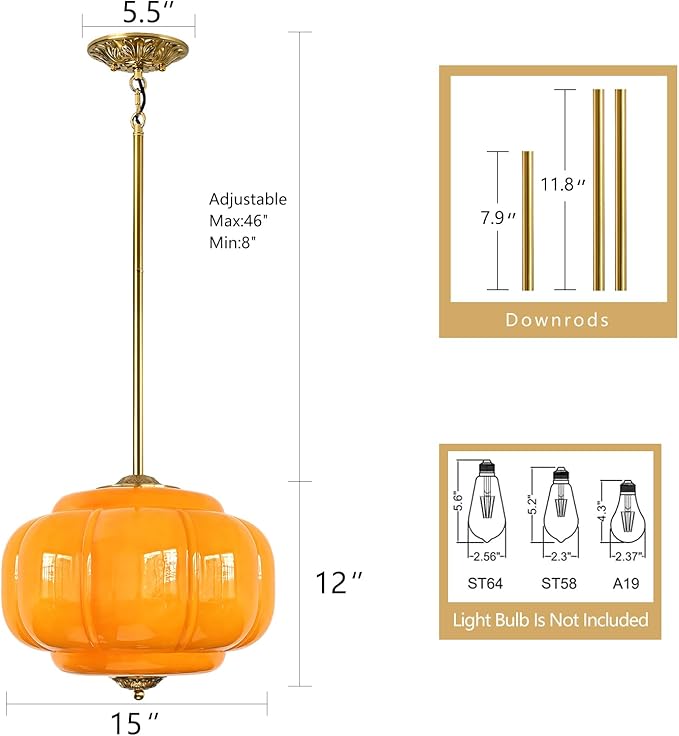 Milk Glass Pendant Light, 15 Inch Yellow Handblown Shade with Antique Brass Hardware, Adjustable Hanging Rod Vintage Chandelier, Dimmable E26 Base Fixture for Kitchen Island, Dining Room, Livingroom