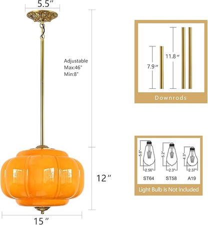 Milk Glass Pendant Light, 15 Inch Yellow Handblown Shade with Antique Brass Hardware, Adjustable Hanging Rod Vintage Chandelier, Dimmable E26 Base Fixture for Kitchen Island, Dining Room, Livingroom