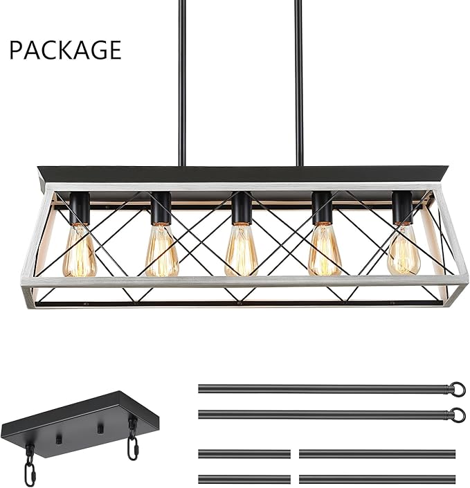 5-Light Farmhouse Chandeliers for Dining Room, Rustic Kitchen Island Lighting, Adjustable Height Pendant Light for Kitchen, Dining Room Table White