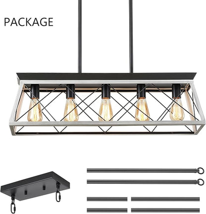 5-Light Farmhouse Chandeliers for Dining Room, Rustic Kitchen Island Lighting, Adjustable Height Pendant Light for Kitchen, Dining Room Table White