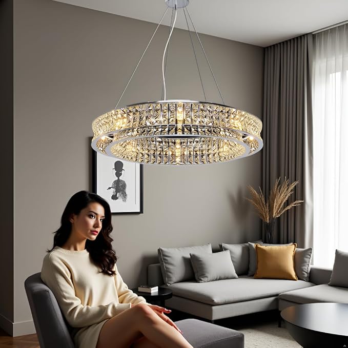 Modern Crystal Chandelier Round 16-Light Contemporary Hanging Ceiling Light Fixture Chrome Finish with Clear Rectangular Crystals Dining Room Living Room Bedroom Entryway Lighting Easy Install 31.5''