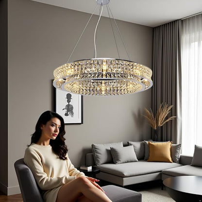 Modern Crystal Chandelier Round 16-Light Contemporary Hanging Ceiling Light Fixture Chrome Finish with Clear Rectangular Crystals Dining Room Living Room Bedroom Entryway Lighting Easy Install 31.5''