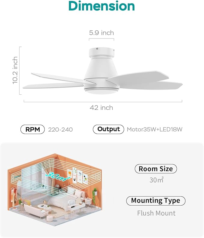 42 Inch Ceiling Fans with Lights, Quiet Reversible Fan with Remote & APP Control, 6-Speed, 3 Color Temperatures Dimmable LED, DC Motor, Low Profile Ceiling Fan for Bedroom Living Room, White
