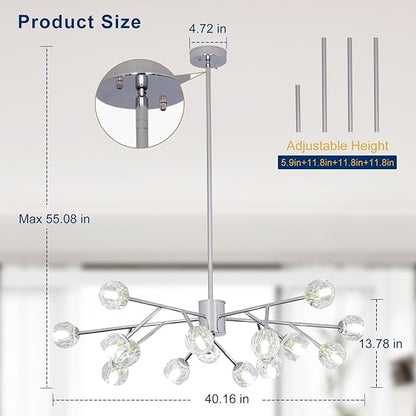 Depuley Sputnik Chandelier for Dining Room: 15-Light Ceiling Light Fixture Height Adjustable - Mid Century Chrome Chandelier for Bedroom Living Room Kitchen Over Table Foyer (Included G9 Bulbs)