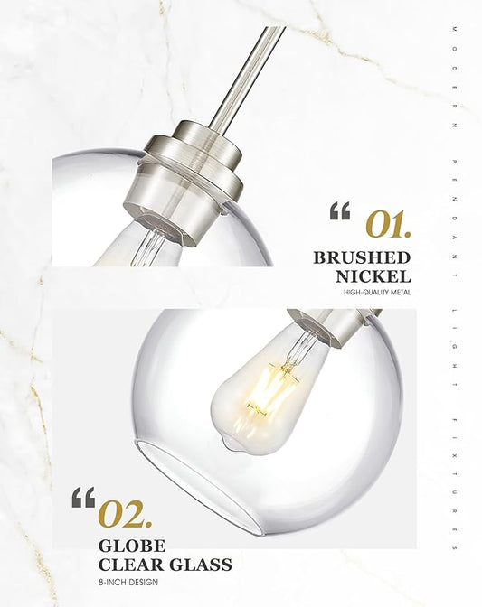 Pendant Lights Kitchen Island, 8" Brushed Nickel Pendant Light Fixtures with Globe Clear Glass Shade, Modern Kitchen Island Lighting for Bathroom, AD-22280-1PL-SN