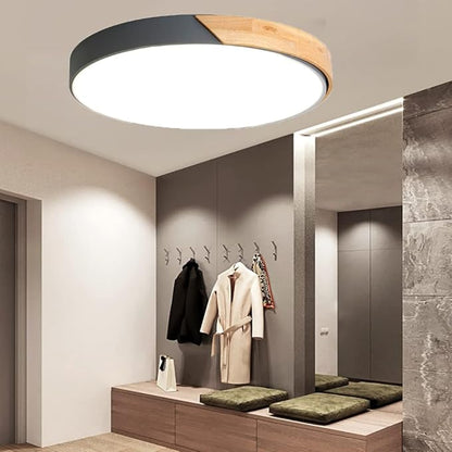LED Ceiling Light Fixture,12 Inch Modern Wood Recessed Ceiling Lights,Dimmable Light,Grey 24W Close to Ceiling Lighting Flush Mount Living Room Bedroom,3000K-6000K