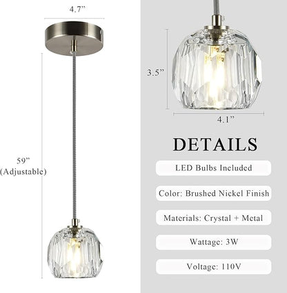 Modern Crystal Pendant Light Fixtures, Single Raindrop Hanging Lamp, Small 1 Light Farmhouse Chandelier for Dining Room Bedroom Bathroom Kitchen Island