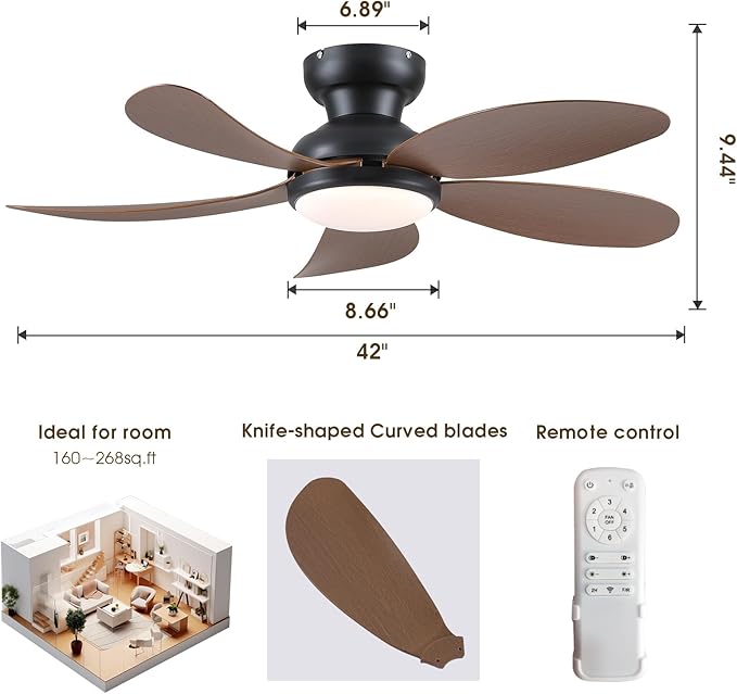PHORUS Low Profile Ceiling Fans with Lights and Remote,42" Small Flush Mount Ceiling Fans with Quiet Reversible DC Motor, Dimmable 3 CCT,Brown