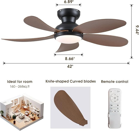 PHORUS Low Profile Ceiling Fans with Lights and Remote,42" Small Flush Mount Ceiling Fans with Quiet Reversible DC Motor, Dimmable 3 CCT,Brown
