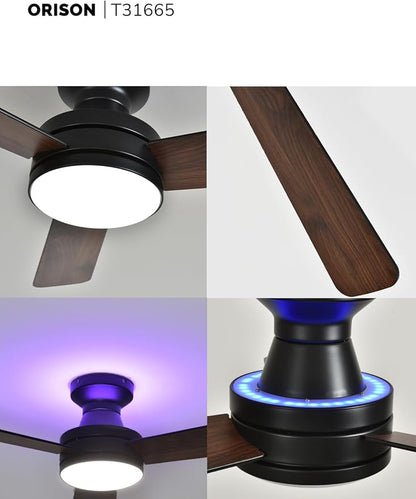 Orison Ceiling Fans with Lights 42 Inch, Low Profile Flush Mount Ceiling Fan, RGB Backlight & Dimmable Lighting, Remote & App Control, 6 Speeds, 3 Reversible Blades, Black/Wood