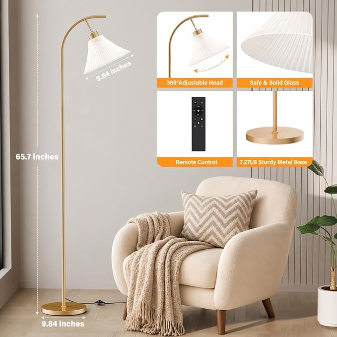 SIBRILLE Gold Floor Lamp with Remote, Dimmable Glass Arc Standing Lamp, Ribbed Frosted Glass Shade, 3 Color Temperatures, Foot Switch, 9W LED Bulb for Living Room Bedroom Office