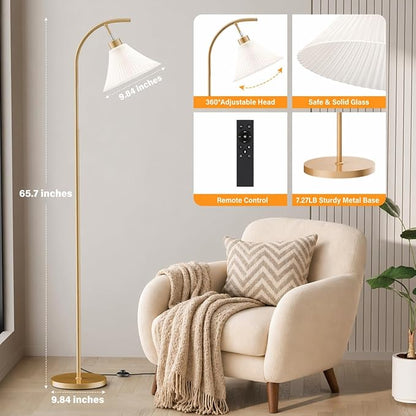 SIBRILLE Gold Floor Lamp with Remote, Dimmable Glass Arc Standing Lamp, Ribbed Frosted Glass Shade, 3 Color Temperatures, Foot Switch, 9W LED Bulb for Living Room Bedroom Office