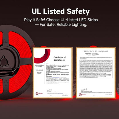 BTF-LIGHTING FCOB COB 3mm Width UL Listed Super Narrow Flexible Uniform LED Strip Light Red Color 16.4FT DC24V CRI 90+ Dimmable LED Ribbon for Kitchen Home Indoor Decor(No Adapter or Controller)