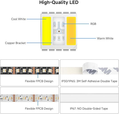 BTF-LIGHTING RGBCCT 5 Colors in 1 LED 5050SMD RGBWW RGB+Dimmable Tunable Color Temperature 2700K-6500K UL Listed 16.4ft 96LED/m 480LED DC12V Multi-Colored IP65 for Decoration(No Adapter or Controller)