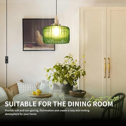 Plug in Pendant Light Green Glass Pendant Lamp Striped Glass Shade Vintage Plug in Ceiling Hanging Lamp 1-Light with Plug in Cord Swag Ceiling Light for Kitchen Island Living Room