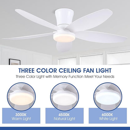 Surtime 42" Ceiling Fans with Lights-Low Profile Ceiling Fan with Light and Remote/APP Control,Flush Mount,DC Reversible,LED Dimmable Modern Ceiling Fans for Bedroom,Indoor/Outdoor Patio Use(White)