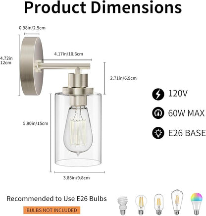 BUTHY Bathroom Wall Sconces Set of Two: Brushed Nickel Vanity Light Fixtures with E26 Base LED Cordless Indoor Wall Mount Lamp for Mirror Bedroom Hallway Stairway Modern Decor Lighting