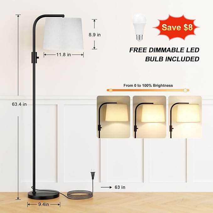 Ambimall Fully Dimmable Floor Lamp - Floor Lamps with 9W LED Bulb, Standing Lamps for Living Room with Adjust Head, Modern Standing Tall Light Rotary Switch for Office(Black and Beige)