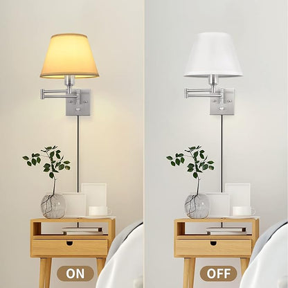 TRLIFE Wall Sconce Plug in, Dimmable Wall Sconces Set of 2 Brushed Nickel Swing Arm Wall Lights with Plug in Cord and On/Off Dimmer Rotary Switch, 9.4" Medium White Fabric Shade(2 Pack, 2 Bulbs)