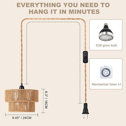 Hanging Grow Light for Indoor Plants, 30W Full Spectrum 4000K Plug-in Pendant Grow Lamp with Timer, 15FT Cord, Adjustable Hanging Kit for Tall Plants, Seedlings, Succulents