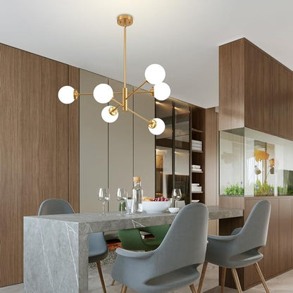 Sputnik Chandelier, Gold Modern Chandeliers, Mid Century Ceiling Lighting Fixture 6-Lights with Milk White Glass Shade for Living Room, Kitchen, Bedroom, Dining Room, and Farmhouse