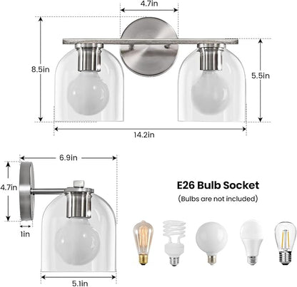 WOSHITU Modern Brushed Nickel 14.2 Inch Bathroom Vanity Light Fixtures: 2 Light Sconces with Clear Glass Shade for Above Mirror, Wall Mount