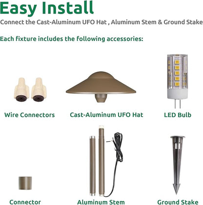 Lumina Lighting® Low Voltage Landscape Lighting Cast-Aluminum Path and Area Light Warm White 3W G4 LED Bulb and ABS Ground Stake Included for Yard Walkway Lawn PAL0108-BZLED10 (Bronze, 10-Pack)