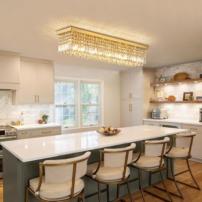 Siljoy Modern Gold Crystal Chandelier for Dining Room, 8-Light Rectangular Flush Mount Crystal Raindrop Chandelier, Luxury Dimmable Crystal Ceiling Light for Living Room Hallway Bedroom L40''