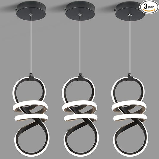 EIDISUNY Modern Led Pendant Light Fixture, 15W Black Spiral Pendant Light Kitchen Island, 4500K Daylight White Pendant Lamp, Adjustable Height Chandelier for Kitchen Dining Room Bedroom (3 Packs)