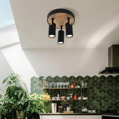 Track Lighting Fixtures Ceiling 3-Light,Spotlight Indoor for Bedroom,Aluminum&Adjustable Lampshade,Black and Wood Track Lighting for Kitchen,Laundry,Bathroom,Small Space,Gu10 Directional Ceiling Light