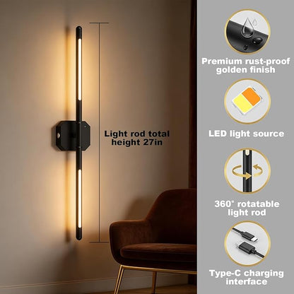 Rechargeable Wall Sconce Set of 2, 35Hrs+ Battery Operated Wall Lights, Wireless Wall Sconce with Remote, 360° Rotatable, Dimmable 3 Color LED Cordless Wall Sconce for Bedroom, Living Room, 27inBlack