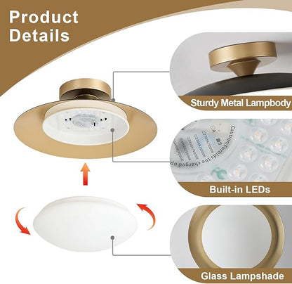 Dimmable Modern Mid-Century Ceiling Light, Black and Gold LED Semi Flush Mount Ceiling Light, 5CCT 2700K-6000K Lighting Fixture Ceiling Lamp with Glass Shade for Bedroom Kitchen Living Room, 15.7in