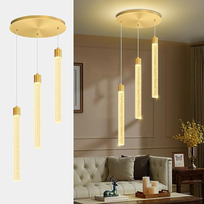 Led Crystal Column Chandelier for Dining Room 3-Light Gold LED Pendant Light for Kitchen Island Foyer Entryway Dimmable Hanging Pendant Lighting 2700K-6000K