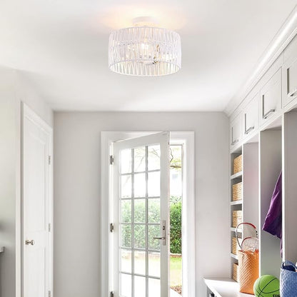 3-Light Coastal White Woven Flush Mount Light Fixture Boho Hemp Rope Semi Flush Mount Ceiling Light for Hallway Bedroom Kitchen Entryway Farmhouse Living Room, White