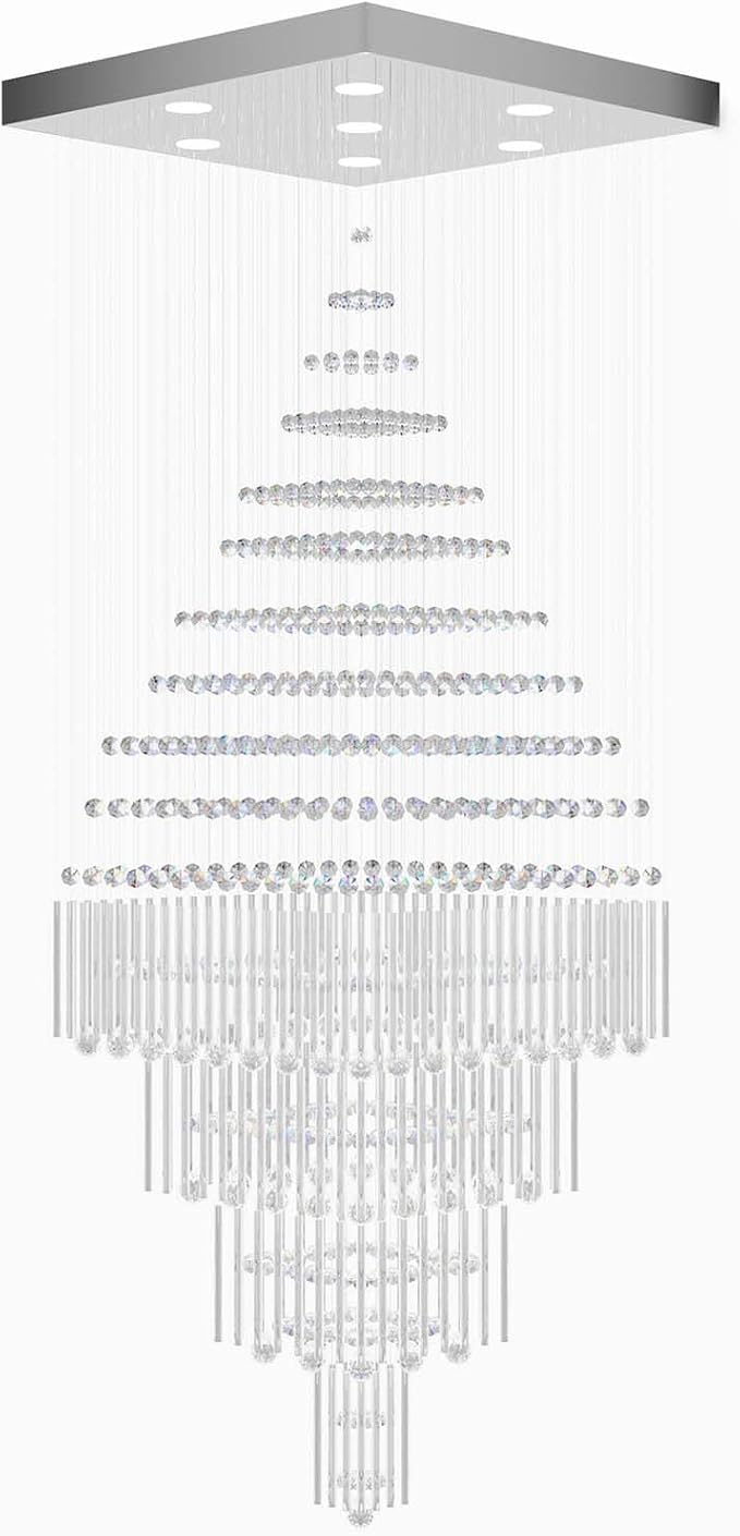 Flashing God D32''X H79'' Foyer Chandelier for High Ceilings,Square Crystal Raindrop Chandeliers,Large Chandelier for Entrance Foyer Villa,4 Tier Chandeliers
