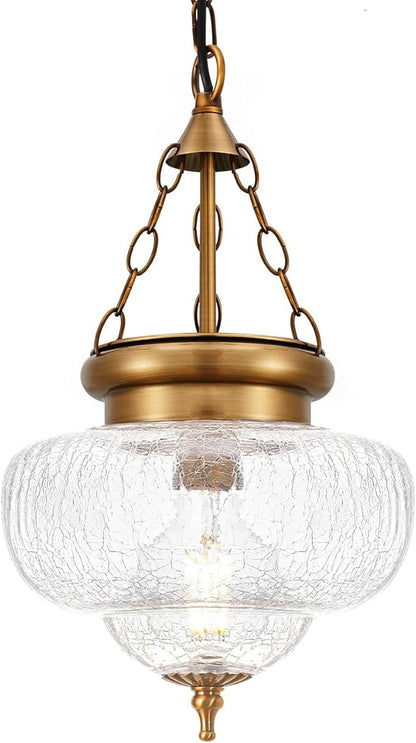 Vintage Pendant Light - Bronze Gold Pendant Lights Kitchen Island with Cracked Glass, Brass Penant Lighting Fixtures with Adjustable Hanging Chain for Kitchen, Dining Room, Entryway