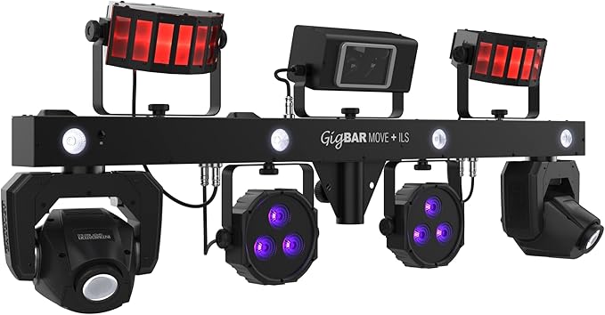 CHAUVET DJ – GigBAR Move + ILS 5-In-1 Lighting System | Moving Heads, Derbies, Washes, Laser & Strobe on One Bar | ILS Compatible | RF Remote, Tripod & Carry Bags Included